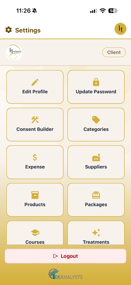 Aureon settings menu with the consent builder, packages and courses