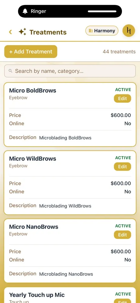 Aureon treatments list with prices and categories